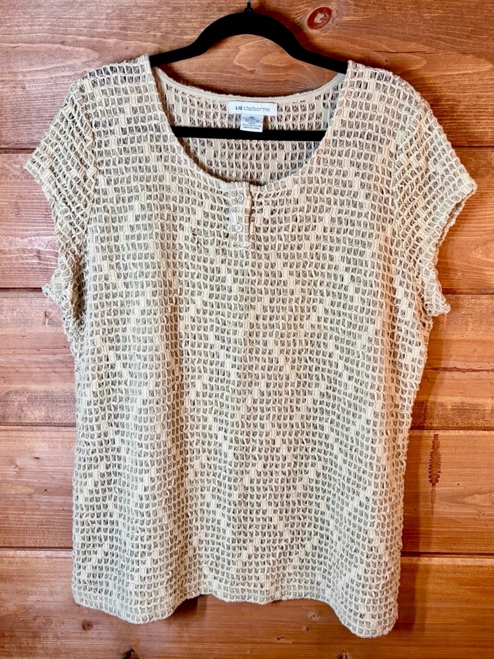 Liz Claiborne Crochet Knit Beige Semi-Sheer Short Sleeve Top Size XL 💕